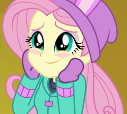 Size: 1208x1080 | Tagged: safe, screencap, character:fluttershy, equestria girls:holidays unwrapped, g4, my little pony:equestria girls, clothing, cropped, cute, fluttershy's winter hat, hat, mittens, shyabetes, solo, winter outfit
