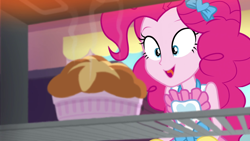 Size: 1920x1080 | Tagged: safe, screencap, character:pinkie pie, equestria girls:holidays unwrapped, g4, my little pony:equestria girls, apron, baking, clothing, female, open mouth, oven, ramekin, solo, souffle