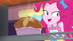 Size: 1920x1080 | Tagged: safe, screencap, character:pinkie pie, equestria girls:holidays unwrapped, g4, my little pony:equestria girls, apron, baking, clothing, female, oven, ramekin, solo, souffle