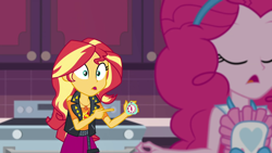 Size: 1920x1080 | Tagged: safe, screencap, character:pinkie pie, character:sunset shimmer, equestria girls:holidays unwrapped, g4, my little pony:equestria girls, apron, cabinet, clothing, pointing, stove, timer