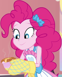 Size: 832x1030 | Tagged: safe, screencap, character:pinkie pie, equestria girls:holidays unwrapped, g4, my little pony:equestria girls, apron, bow, clothing, cropped, female, food, hair bow, kitchen, looking down, oven mitts, ramekin, saving pinkie's pie, skirt, sleeveless, sleeveless shirt, smiling, solo, souffle