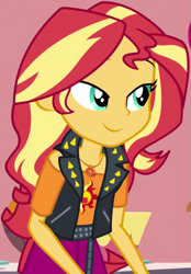 Size: 649x930 | Tagged: safe, screencap, character:sunset shimmer, equestria girls:holidays unwrapped, g4, my little pony:equestria girls, clothing, cropped, female, geode of empathy, jacket, jewelry, kitchen, leather jacket, lidded eyes, magical geodes, necklace, raised eyebrows, saving pinkie's pie, shimmerbetes, skirt, smiling, solo