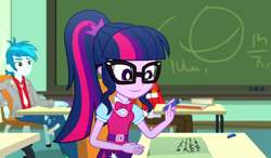 Size: 1616x941 | Tagged: safe, screencap, character:heath burns, character:twilight sparkle, character:twilight sparkle (scitwi), species:eqg human, episode:subs rock, eqg summertime shorts, g4, my little pony:equestria girls, ballpoint pen, bow tie, canterlot high, chalkboard, classroom, cropped, cute, desk, female, heath burns, male, ponytail, thunderbass, twiabetes