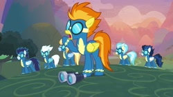 Size: 1920x1080 | Tagged: safe, screencap, character:fleetfoot, character:high winds, character:lightning streak, character:misty fly, character:soarin', character:spitfire, species:pony, episode:the last problem, g4, my little pony: friendship is magic, binoculars, clothing, uniform, wonderbolts uniform