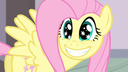Size: 1920x1080 | Tagged: safe, screencap, character:fluttershy, species:pegasus, species:pony, episode:filli vanilli, g4, my little pony: friendship is magic, butt, cute, faec, female, grin, looking back, mare, plot, shyabetes, smiling, solo, spread wings, starry eyes, wingding eyes, wings