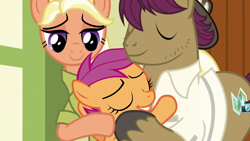 Size: 1280x720 | Tagged: safe, screencap, character:mane allgood, character:scootaloo, character:snap shutter, species:pegasus, species:pony, episode:the last crusade, g4, my little pony: friendship is magic, hug, scootalove