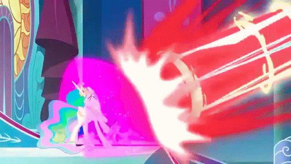 Size: 600x338 | Tagged: safe, screencap, character:princess celestia, character:princess luna, character:twilight sparkle, character:twilight sparkle (alicorn), species:alicorn, species:pony, episode:the ending of the end, g4, my little pony: friendship is magic, animated, blast, flowing mane, force field, gif, laser, loop, magic, magic blast, shield