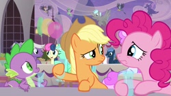 Size: 1920x1080 | Tagged: safe, screencap, character:applejack, character:bon bon, character:gabby, character:grampa gruff, character:lyra heartstrings, character:pinkie pie, character:silver script, character:spike, character:star bright, character:star hunter, character:sweetie drops, species:dragon, species:pony, ship:lyrabon, episode:the last problem, g4, my little pony: friendship is magic, female, glass, lesbian, shipping, vex, winged spike