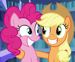 Size: 1160x950 | Tagged: safe, screencap, character:applejack, character:pinkie pie, species:earth pony, species:pony, episode:scare master, g4, my little pony: friendship is magic, cropped, duo, female, grin, looking at each other, mare, smiling