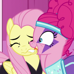 Size: 560x560 | Tagged: safe, screencap, character:fluttershy, character:pinkie pie, species:earth pony, species:pegasus, species:pony, episode:scare master, g4, my little pony: friendship is magic, cropped, duo, eyes closed, female, mare