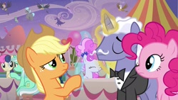 Size: 1920x1080 | Tagged: safe, screencap, character:applejack, character:bon bon, character:cotton sky, character:gabby, character:gilda, character:grampa gruff, character:lyra heartstrings, character:pinkie pie, character:prominence, character:star hunter, character:sweetie drops, character:tender brush, character:twilight sky, species:earth pony, species:griffon, species:pegasus, species:pony, species:unicorn, ship:lyrabon, episode:the last problem, g4, my little pony: friendship is magic, ballista, balloon, clothing, earl grey, eyes closed, facial hair, female, frown, glowing horn, holding hooves, horn, lesbian, magic, male, mare, moustache, party, raised eyebrow, shipping, smiling, stallion, tuxedo, vex