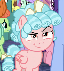 Size: 524x582 | Tagged: safe, screencap, character:cozy glow, species:pegasus, species:pony, episode:school raze, g4, my little pony: friendship is magic, bow, cozy glow is best facemaker, cropped, curly hair, female, filly, folded wings, freckles, hair bow, pure concentrated unfiltered evil of the utmost potency, pure unfiltered evil, raised eyebrow, smiling, smirk, smug, smugzy clow, solo focus, tail bow, wings