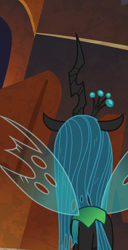Size: 369x720 | Tagged: safe, screencap, character:queen chrysalis, species:changeling, bugbutt, butt, changeling queen, cropped, crown, episode needed, evil lair, female, former queen chrysalis, grogar's lair, jewelry, lair, plot, regalia, solo, spread wings, wings