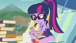 Size: 1920x1080 | Tagged: safe, screencap, character:twilight sparkle, character:twilight sparkle (scitwi), species:eqg human, episode:friendship math, g4, my little pony:equestria girls, adding machine, beach chair, book, clothing, cute, female, geode of telekinesis, glasses, legs, magical geodes, paper, pencil, ponytail, sleeveless, solo, swimsuit, thighs, twiabetes, umbrella