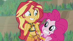 Size: 1920x1080 | Tagged: safe, screencap, character:pinkie pie, character:sunset shimmer, episode:unsolved selfie mysteries, g4, my little pony:equestria girls, belly button, bikini, clothing, cute, diapinkes, duo, duo female, female, geode of empathy, geode of sugar bombs, grin, magical geodes, midriff, sarong, shimmerbetes, sleeveless, smiling, swimsuit