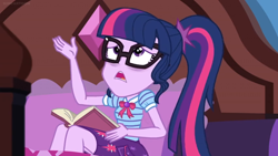 Size: 1600x900 | Tagged: safe, screencap, character:twilight sparkle, character:twilight sparkle (scitwi), species:eqg human, equestria girls:holidays unwrapped, g4, my little pony:equestria girls, bed, book, eye bag, glasses, ponytail, tired