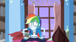 Size: 1600x900 | Tagged: safe, screencap, character:rainbow dash, equestria girls:holidays unwrapped, g4, my little pony:equestria girls, curtains, eye bag, faec, grin, pillow, smiling, tired, window