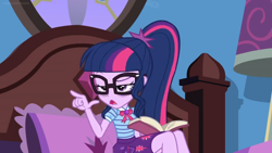 Size: 1600x900 | Tagged: safe, screencap, character:twilight sparkle, character:twilight sparkle (scitwi), species:eqg human, equestria girls:holidays unwrapped, g4, my little pony:equestria girls, bed, book, eye bag, glasses, lamp, pillow, pointing, ponytail, tired