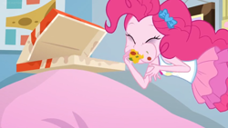 Size: 1600x900 | Tagged: safe, screencap, character:pinkie pie, equestria girls:holidays unwrapped, g4, my little pony:equestria girls, cushion, eating, food, meat, pepper, pepperoni, pepperoni pizza, pizza, pizza box, solo