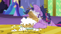 Size: 1920x1080 | Tagged: safe, screencap, character:twilight sparkle, character:twilight sparkle (alicorn), species:alicorn, species:pony, episode:castle sweet castle, g4, my little pony: friendship is magic, adorkable, animated, cute, dork, female, floppy ears, food, horn, horn impalement, i'm pancake, mare, messy mane, pancakes, sheepish grin, solo, sound, twiabetes, webm