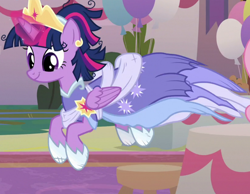 Size: 900x700 | Tagged: safe, screencap, character:twilight sparkle, character:twilight sparkle (alicorn), species:alicorn, species:pony, episode:the last problem, g4, my little pony: friendship is magic, balloon, clothing, coronation dress, cropped, crown, dress, hoof shoes, jewelry, jumping, majestic as fuck, messy mane, regalia, second coronation dress, solo