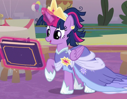 Size: 900x700 | Tagged: safe, screencap, character:twilight sparkle, character:twilight sparkle (alicorn), species:alicorn, species:pony, episode:the last problem, g4, my little pony: friendship is magic, book, clothing, coronation dress, cropped, crown, dress, jewelry, messy mane, regalia, second coronation dress, solo