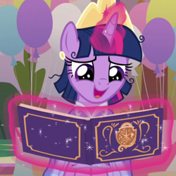 Size: 700x700 | Tagged: safe, screencap, character:twilight sparkle, character:twilight sparkle (alicorn), species:alicorn, species:pony, episode:the last problem, g4, my little pony: friendship is magic, balloon, book, clothing, coronation dress, cropped, crown, dress, jewelry, regalia, second coronation dress, solo