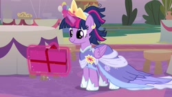 Size: 1920x1080 | Tagged: safe, screencap, character:twilight sparkle, character:twilight sparkle (alicorn), species:alicorn, species:pony, episode:the last problem, g4, my little pony: friendship is magic, crown, female, jewelry, mare, messy mane, present, regalia, second coronation dress, smiling, solo