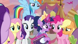 Size: 1920x1080 | Tagged: safe, screencap, character:applejack, character:fluttershy, character:pinkie pie, character:rainbow dash, character:rarity, character:spike, character:starlight glimmer, character:twilight sparkle, character:twilight sparkle (alicorn), species:alicorn, species:dragon, species:pony, episode:the last problem, g4, my little pony: friendship is magic, book, crown, jewelry, magic, mane seven, mane six, regalia, second coronation dress, winged spike