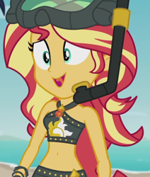 Size: 914x1080 | Tagged: safe, screencap, character:sunset shimmer, episode:unsolved selfie mysteries, g4, my little pony:equestria girls, beach, beach babe, belly button, bikini, bikini babe, clothing, cropped, cute, diving goggles, female, geode of empathy, goggles, magical geodes, midriff, open mouth, shimmerbetes, sleeveless, smiling, snorkel, solo, summer sunset, swimsuit