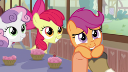 Size: 1280x720 | Tagged: safe, screencap, character:apple bloom, character:mane allgood, character:scootaloo, character:snap shutter, character:sweetie belle, species:earth pony, species:pegasus, species:pony, species:unicorn, episode:the last crusade, g4, my little pony: friendship is magic, cupcake, cute, cutealoo, cutie mark crusaders, food, holding a pony, holding hooves, holding ponies by hooves