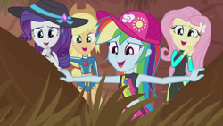 Size: 1920x1080 | Tagged: safe, screencap, character:applejack, character:fluttershy, character:rainbow dash, character:rarity, my little pony:equestria girls, aww... baby turtles, baseball cap, cap, clothing, cute, dashabetes, dawwww, female, geode of fauna, geode of shielding, geode of super speed, geode of super strength, hat, jackabetes, magical geodes, quartet, raribetes, shyabetes, smiling, sun hat, wetsuit