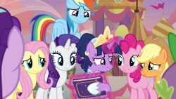 Size: 1920x1080 | Tagged: safe, screencap, character:applejack, character:fluttershy, character:pinkie pie, character:rainbow dash, character:rarity, character:spike, character:starlight glimmer, character:twilight sparkle, character:twilight sparkle (alicorn), species:alicorn, species:dragon, species:pony, episode:the last problem, g4, my little pony: friendship is magic, book, crown, jewelry, magic, mane seven, mane six, regalia, second coronation dress, winged spike