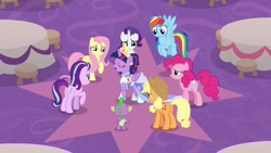 Size: 1920x1080 | Tagged: safe, screencap, character:applejack, character:fluttershy, character:pinkie pie, character:rainbow dash, character:rarity, character:spike, character:starlight glimmer, character:twilight sparkle, character:twilight sparkle (alicorn), species:alicorn, species:dragon, species:pony, episode:the last problem, g4, my little pony: friendship is magic, crown, jewelry, mane seven, mane six, regalia, second coronation dress, winged spike
