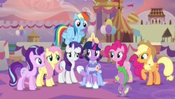 Size: 1920x1080 | Tagged: safe, screencap, character:applejack, character:fluttershy, character:pinkie pie, character:rainbow dash, character:rarity, character:spike, character:starlight glimmer, character:twilight sparkle, character:twilight sparkle (alicorn), species:alicorn, species:dragon, species:pony, episode:the last problem, g4, my little pony: friendship is magic, crown, jewelry, mane seven, mane six, regalia, second coronation dress, winged spike