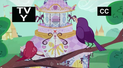 Size: 849x471 | Tagged: safe, screencap, species:bird, episode:sisterhooves social, g4, my little pony: friendship is magic, carousel boutique, tree, youtube caption