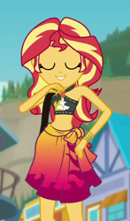 Size: 586x1000 | Tagged: safe, screencap, character:sunset shimmer, equestria girls:forgotten friendship, g4, my little pony:equestria girls, adorasexy, beach, belly button, bikini, bikini babe, bikini top, blurred background, building, clothing, cropped, cute, eyes closed, female, forest background, geode of empathy, jewelry, legs, magical geodes, midriff, necklace, outdoors, pose, sarong, sexy, shimmerbetes, shoulder bag, sky, sleeveless, smiling, solo, sun, sunset selfie, swimsuit, tomboy, wristband