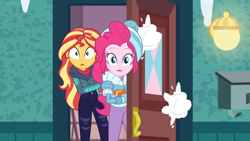Size: 1600x900 | Tagged: safe, screencap, character:pinkie pie, character:sunset shimmer, equestria girls:holidays unwrapped, g4, my little pony:equestria girls, clothing, coat, jacket, lantern, mailbox, snow, snowball, toque, winter outfit