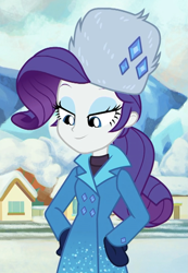 Size: 679x983 | Tagged: safe, screencap, character:rarity, equestria girls:holidays unwrapped, g4, my little pony:equestria girls, blizzard or bust, clothing, coat, cropped, cute, fake snow, female, hat, huggable, lidded eyes, mittens, raribetes, rarity's winter hat, solo, winter coat, winter outfit