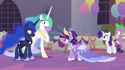 Size: 1920x1080 | Tagged: safe, screencap, character:princess celestia, character:princess luna, character:rarity, character:spike, character:twilight sparkle, character:twilight sparkle (alicorn), species:alicorn, species:dragon, species:pony, species:unicorn, episode:the last problem, g4, my little pony: friendship is magic, crown, female, flying, former princess celestia, former princess luna, jewelry, male, mare, regalia, second coronation dress, winged spike