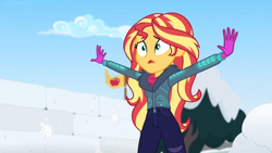Size: 1600x900 | Tagged: safe, screencap, character:sunset shimmer, equestria girls:holidays unwrapped, g4, my little pony:equestria girls, apple, clothing, coat, flag, food, gloves, jacket, outstretched arms, raised hand, saving pinkie's pie, snow fort, solo, stop, wall, winter