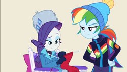 Size: 1920x1080 | Tagged: safe, screencap, character:rainbow dash, character:rarity, equestria girls:holidays unwrapped, g4, my little pony:equestria girls, blizzard or bust, chair, clothing, cute, duo, duo female, female, jacket, knitting, knitting needles, mittens, raribetes, rarity's winter hat, sitting, toque, winter coat, winter hat, winter outfit