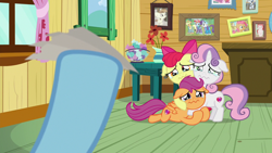 Size: 1280x720 | Tagged: safe, screencap, character:apple bloom, character:applejack, character:babs seed, character:cheerilee, character:featherweight, character:rainbow dash, character:rarity, character:scootaloo, character:shady daze, character:sweetie belle, species:pegasus, species:pony, episode:the last crusade, g4, my little pony: friendship is magic, about to cry, adorabloom, clubhouse, crusaders clubhouse, crying, cuddly, cute, cutealoo, cuteness overload, cutest pony alive, cutest pony ever, cutie mark crusaders, dawwww, depressing, diasweetes, female, filly, floppy ears, group hug, hug, huggable, hugs needed, sad, ticket, tickets, weapons-grade cute