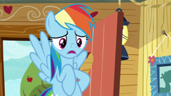 Size: 1920x1080 | Tagged: safe, screencap, character:rainbow dash, species:pegasus, species:pony, episode:the last crusade, g4, my little pony: friendship is magic, clubhouse, crusaders clubhouse, female, mare, open mouth, solo, spread wings, wings