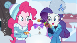 Size: 1920x1080 | Tagged: safe, screencap, character:pinkie pie, character:rarity, equestria girls:holidays unwrapped, g4, my little pony:equestria girls, bow tie, clothing, coat, cute, diapinkes, duo, duo female, female, food, fork, happy, hat, jacket, mittens, outdoors, ramekin, raribetes, rarity's winter hat, saving pinkie's pie, smiling, snow, snowman, souffle, toque, winter coat, winter hat, winter outfit