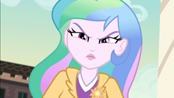 Size: 1920x1080 | Tagged: safe, screencap, character:princess celestia, character:principal celestia, equestria girls:holidays unwrapped, g4, my little pony:equestria girls, angry, blizzard or bust, canterlot high, celestia is not amused, female, frown, looking at you, solo, unamused