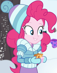 Size: 823x1052 | Tagged: safe, screencap, character:pinkie pie, equestria girls:holidays unwrapped, g4, my little pony:equestria girls, clothing, cropped, cute, female, food, gloves, mittens, saving pinkie's pie, smiling, snow, souffle, winter clothes, winter coat, winter hat