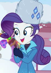 Size: 761x1080 | Tagged: safe, screencap, character:rarity, equestria girls:holidays unwrapped, g4, my little pony:equestria girls, beautiful, clothing, cropped, cute, female, fork, gloves, jewelry, mittens, raribetes, rarity's winter hat, saving pinkie's pie, smiling, snow, snowman, winter coat, winter hat