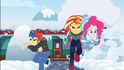 Size: 1920x1080 | Tagged: safe, screencap, character:flash sentry, character:pinkie pie, character:sunset shimmer, equestria girls:holidays unwrapped, g4, my little pony:equestria girls, boots, clothing, determined, female, gloves, hat, jacket, male, mittens, outdoors, ramekin, saving pinkie's pie, shoes, snow, snowball, snowball fight, souffle, toque, winter hat, winter outfit