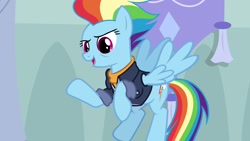 Size: 1920x1080 | Tagged: safe, screencap, character:rainbow dash, species:pony, episode:the last problem, g4, my little pony: friendship is magic, alternate hairstyle, bags under eyes, clothing, cutie mark, female, flying, future, jacket, mare, older, older rainbow dash, raised hoof, solo, spread wings, time skip, wings, wrinkles